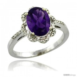 14k White Gold Diamond Halo Amethyst Ring 1.65 Carat Oval Shape 9X7 mm, 7/16 in (11mm) wide