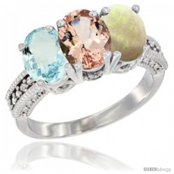 10K White Gold Natural Aquamarine, Morganite & Opal Ring 3-Stone Oval 7x5 mm Diamond Accent