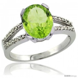 Sterling Silver and Diamond Halo Natural Peridot Ring 2.4 carat Oval shape 10X8 mm, 3/8 in (10mm) wide