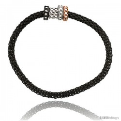 Sterling Silver 7 in Stretchable Bangle Bracelet in Black Ruthenium Finish w/ Tri-Color Circle Bead Charm Accents, 3/16 in