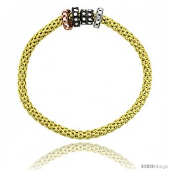 Sterling Silver 7 in. Stretchable Bangle Bracelet in Yellow Gold Finish w/ Tri-Color Circle Bead Charm Accents, 3/16 in. (4.5