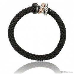 Sterling Silver 7 in Stretchable Bangle Bracelet in Black Ruthenium Finish w/ Tri-Color Circle Bead Charm Accents, 9/32 in