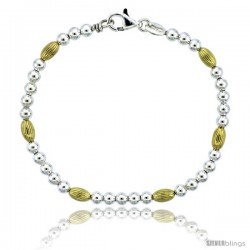 Sterling Silver Corrugated Bead Bracelet w/ Gold Finish), 3/16 in. (4 mm) wide