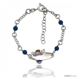 Sterling Silver Rolo Link Baby ID Bracelet in White Gold Finish w/ Blue Turquoise Color Beads & Angel Charm (5-6 in)