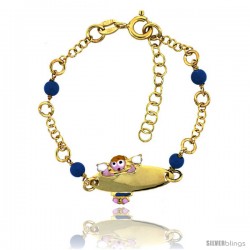 Sterling Silver Rolo Link Baby ID Bracelet in Yellow Gold Finish w/ Blue Turquoise Color Beads & Angel Charm (5-6 in)