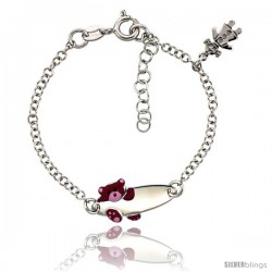 Sterling Silver Rolo Link Baby ID Bracelet in White Gold Finish w/ Pink Teddy Bear & Girl Charm (5-6 in)