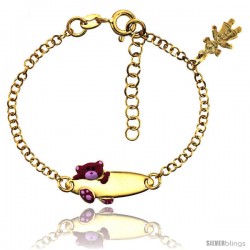 Sterling Silver Rolo Link Baby ID Bracelet in Yellow Gold Finish w/ Pink Teddy Bear & Girl Charm (5-6 in)