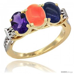 10K Yellow Gold Natural Amethyst, Coral & Lapis Ring 3-Stone Oval 7x5 mm Diamond Accent