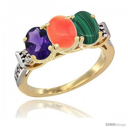 10K Yellow Gold Natural Amethyst, Coral & Malachite Ring 3-Stone Oval 7x5 mm Diamond Accent