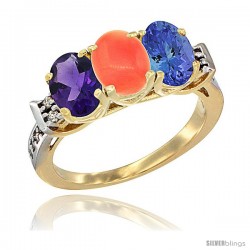 10K Yellow Gold Natural Amethyst, Coral & Tanzanite Ring 3-Stone Oval 7x5 mm Diamond Accent