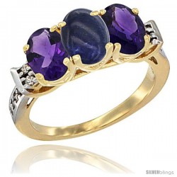 10K Yellow Gold Natural Lapis & Amethyst Sides Ring 3-Stone Oval 7x5 mm Diamond Accent