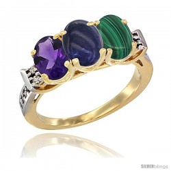 10K Yellow Gold Natural Amethyst, Lapis & Malachite Ring 3-Stone Oval 7x5 mm Diamond Accent