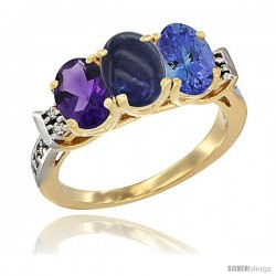 10K Yellow Gold Natural Amethyst, Lapis & Tanzanite Ring 3-Stone Oval 7x5 mm Diamond Accent