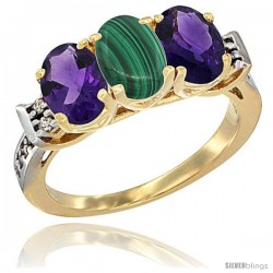 10K Yellow Gold Natural Malachite & Amethyst Sides Ring 3-Stone Oval 7x5 mm Diamond Accent