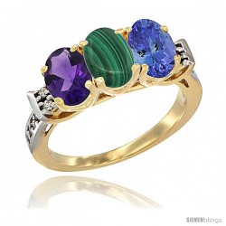 10K Yellow Gold Natural Amethyst, Malachite & Tanzanite Ring 3-Stone Oval 7x5 mm Diamond Accent