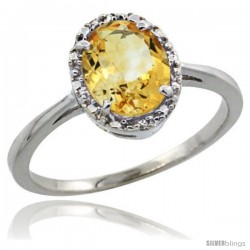 14k White Gold Diamond Halo Citrine Ring 1.2 ct Oval Stone 8x6 mm, 1/2 in wide