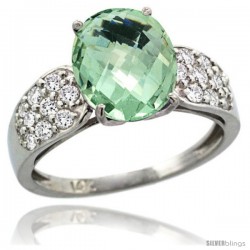 14k White Gold Natural Green Amethyst Ring 10x8 mm Oval Shape Diamond Accent, 3/8inch wide -Style R289771w02