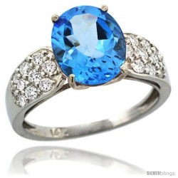 14k White Gold Natural Swiss Blue Topaz Ring 10x8 mm Oval Shape Diamond Accent, 3/8inch wide -Style R289771w04