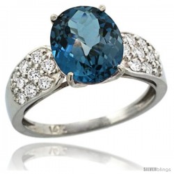 14k White Gold Natural London Blue Topaz Ring 10x8 mm Oval Shape Diamond Accent, 3/8inch wide -Style R289771w05