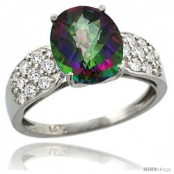 14k White Gold Natural Mystic Topaz Ring 10x8 mm Oval Shape Diamond Accent, 3/8inch wide -Style R289771w08