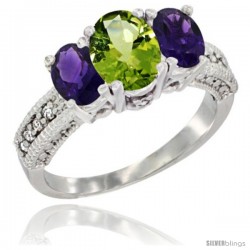 14k White Gold Ladies Oval Natural Peridot 3-Stone Ring with Amethyst Sides Diamond Accent