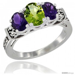 14K White Gold Natural Peridot & Amethyst Ring 3-Stone Oval with Diamond Accent