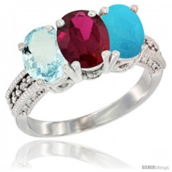 10K White Gold Natural Aquamarine, Ruby & Turquoise Ring 3-Stone Oval 7x5 mm Diamond Accent