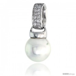 Sterling Silver 10mm Faux Pearl Pendant, w/ Brilliant Cut CZ Stones, 7/8" (22 mm) tall