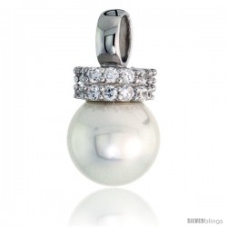 Sterling Silver 10mm Faux Pearl Pendant, w/ Brilliant Cut CZ Stones, 9/16" (14 mm) tall