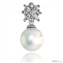 Sterling Silver Flower Slider Pendant, w/ CZ Stones & 11mm Faux Pearl, 7/8" (23 mm) tall