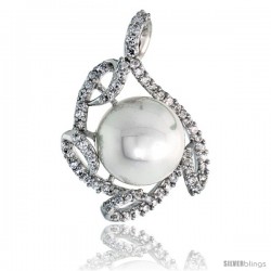 Sterling Silver Swirl Slider Pendant, w/ CZ Stones & 12mm Faux Pearl, 1 1/8" (29 mm) tall