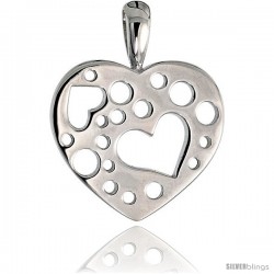 High Polished Heart Pendant in Sterling Silver w/ Small Heart & Circle Cut Outs, 11/16" (17 mm) tall