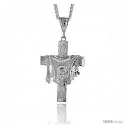 Sterling Silver Cross Pendant with Jesus Face in the Garment, 2 3/8" (60 mm) tall