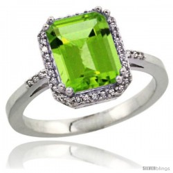 Sterling Silver Diamond Natural Peridott Ring 2.53 ct Emerald Shape 9x7 mm, 1/2 in wide