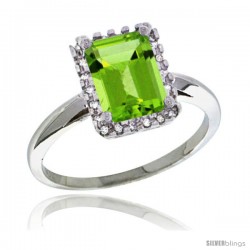 Sterling Silver Diamond Natural Peridot Ring 1.6 ct Emerald Shape 8x6 mm, 1/2 in wide