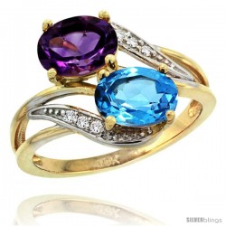 14k Gold ( 8x6 mm ) Double Stone Engagement Amethyst & Swiss Blue Topaz Ring w/ 0.07 Carat Brilliant Cut Diamonds & 2.34 Carats