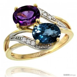 14k Gold ( 8x6 mm ) Double Stone Engagement Amethyst & London Blue Topaz Ring w/ 0.07 Carat Brilliant Cut Diamonds & 2.34