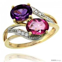 14k Gold ( 8x6 mm ) Double Stone Engagement Amethyst & Pink Topaz Ring w/ 0.07 Carat Brilliant Cut Diamonds & 2.34 Carats Oval