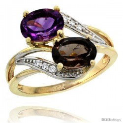 14k Gold ( 8x6 mm ) Double Stone Engagement Amethyst & Smoky Topaz Ring w/ 0.07 Carat Brilliant Cut Diamonds & 2.34 Carats Oval