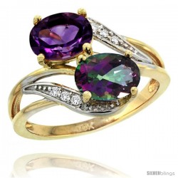 14k Gold ( 8x6 mm ) Double Stone Engagement Amethyst & Mystic Topaz Ring w/ 0.07 Carat Brilliant Cut Diamonds & 2.34 Carats