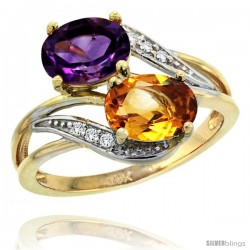 14k Gold ( 8x6 mm ) Double Stone Engagement Amethyst & Citrine Ring w/ 0.07 Carat Brilliant Cut Diamonds & 2.34 Carats Oval Cut