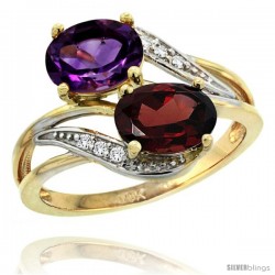 14k Gold ( 8x6 mm ) Double Stone Engagement Amethyst & Garnet Ring w/ 0.07 Carat Brilliant Cut Diamonds & 2.34 Carats Oval Cut