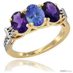 10K Yellow Gold Natural Tanzanite & Amethyst Sides Ring 3-Stone Oval 7x5 mm Diamond Accent