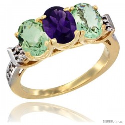 10K Yellow Gold Natural Amethyst & Green Amethyst Sides Ring 3-Stone Oval 7x5 mm Diamond Accent