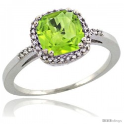 Sterling Silver Diamond Natural Peridot Ring 1.5 ct Checkerboard Cut Cushion Shape 7 mm, 3/8 in wide