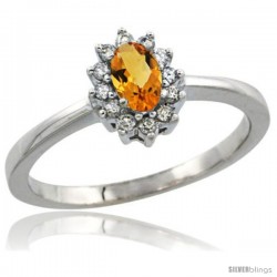 14k White Gold Diamond Halo Citrine Ring 0.25 ct Oval Stone 5x3 mm, 5/16 in wide