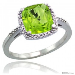 Sterling Silver Diamond Natural Peridot Ring 2.08 ct Cushion cut 8 mm Stone 1/2 in wide