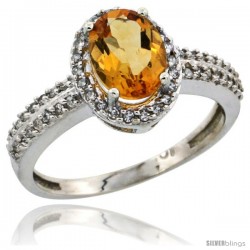 14k White Gold Diamond Halo Citrine Ring 1.2 ct Oval Stone 8x6 mm, 3/8 in wide