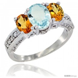 14k White Gold Ladies Oval Natural Aquamarine 3-Stone Ring with Citrine Sides Diamond Accent