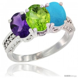 14K White Gold Natural Amethyst, Peridot & Turquoise Ring 3-Stone 7x5 mm Oval Diamond Accent